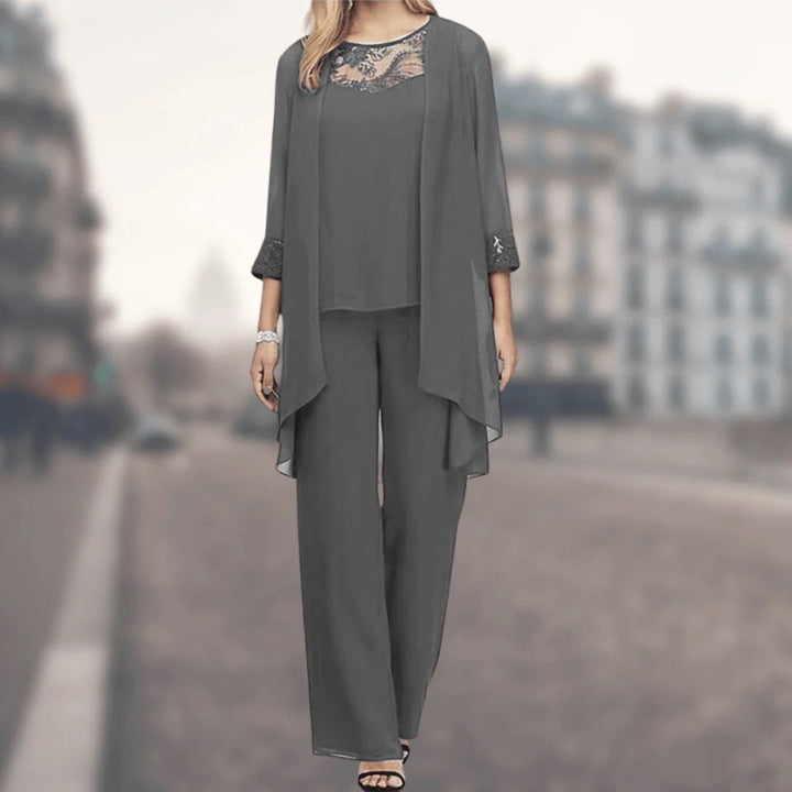 Comfortable & elegant women's flowy three-piece outfit. Chic spring/summer set with delicate lace accents.
