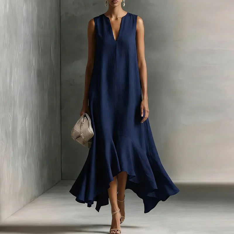 Stylish women's flowy V-neck summer dress with a playful ruffle hem. Comfortable sleeveless casual beach sundress.