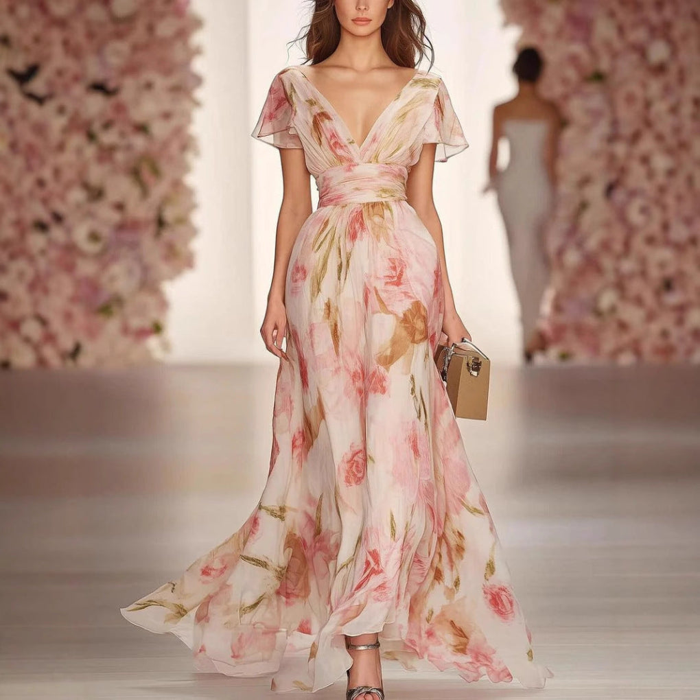 Elegant women's flutter sleeve fit & flare maxi dress, perfect for summer casual or dressy occasions.