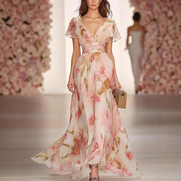 Elegant women's flutter sleeve fit & flare maxi dress, perfect for summer casual or dressy occasions.