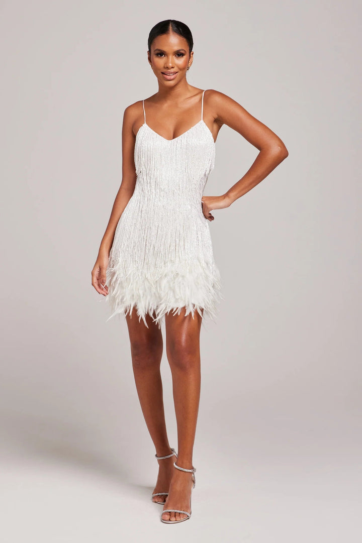 Elegant women's fringe feather cocktail dress in black, perfect for evening wear and special occasions.