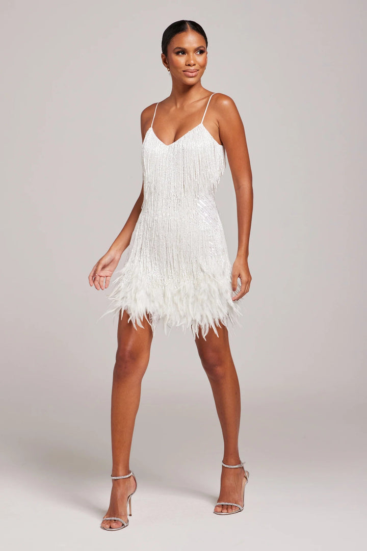 Close-up of the intricate fringe and feather detail on a chic women's midi cocktail dress.