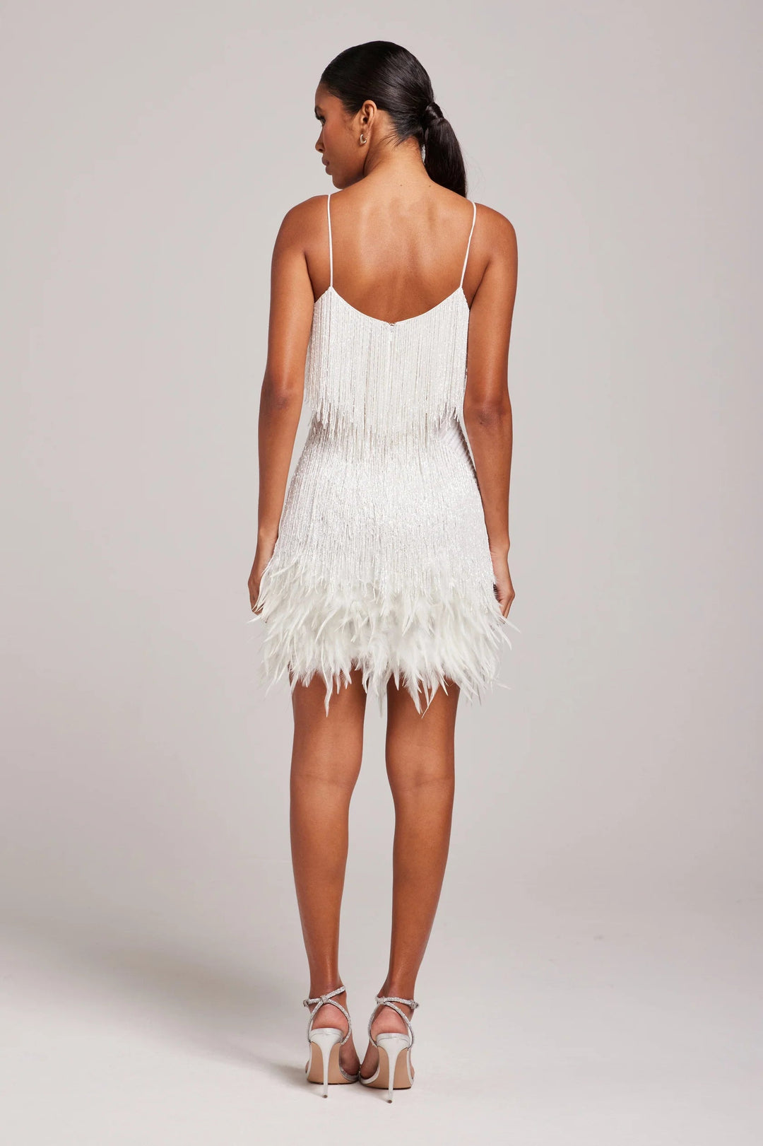 Back view of a women's formal fringe feather dress, ideal for party and evening events.