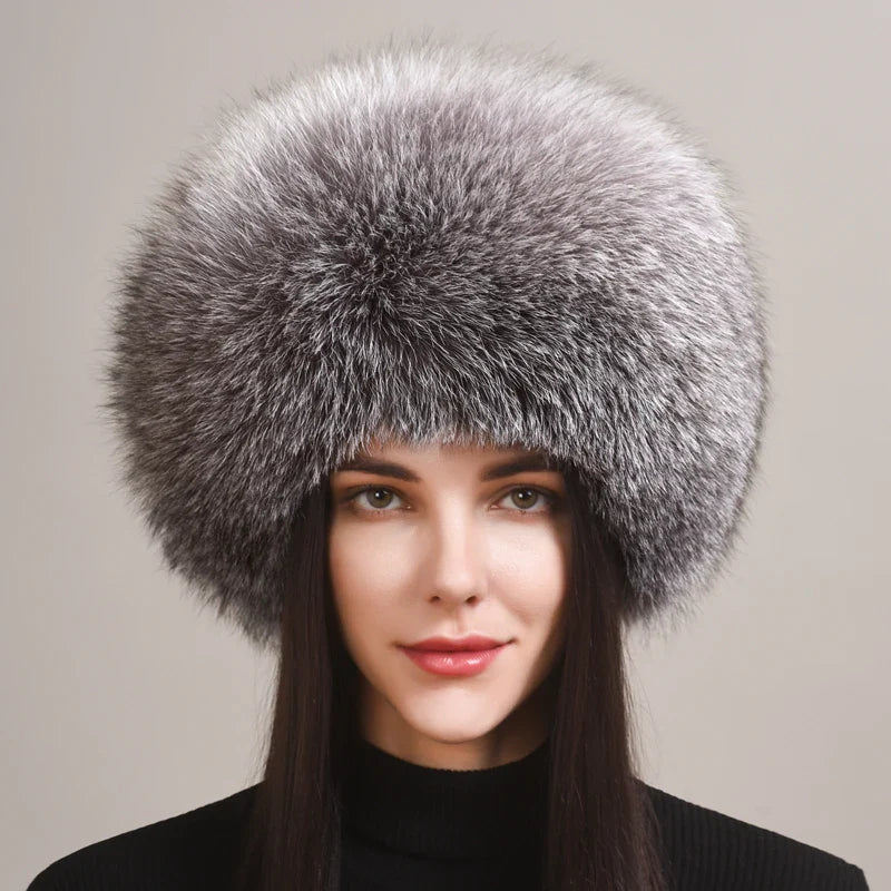 Elegant women's genuine fox fur winter hat, a luxurious and warm cold weather fashion accessory