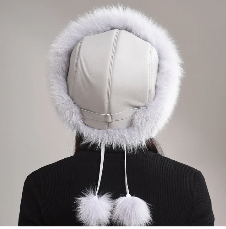 Back view of a genuine fox fur winter hat for women, showing its full, luxurious texture