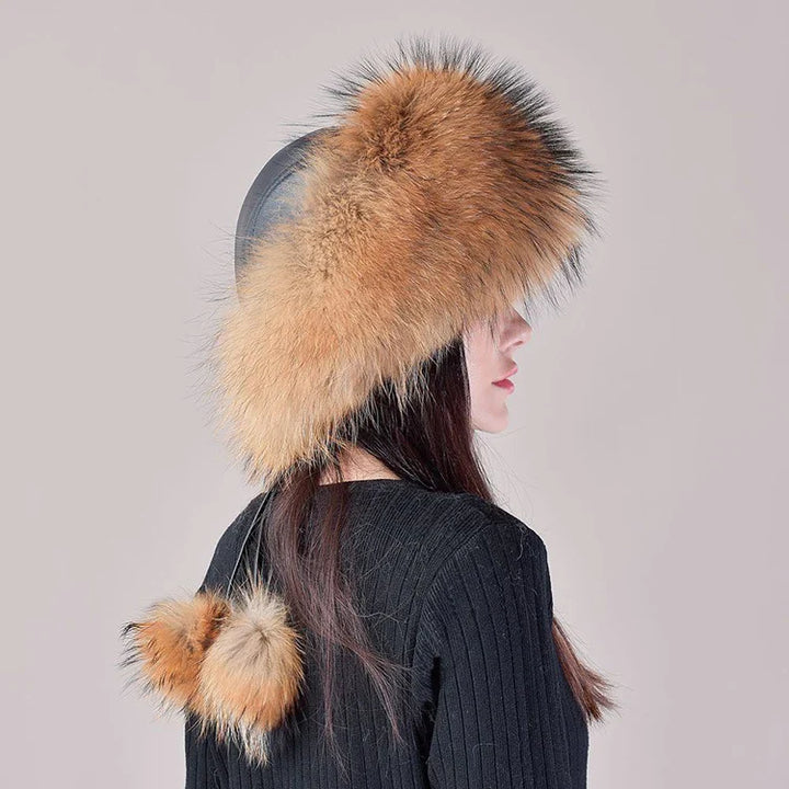 Front view of a women's luxury fox fur hat, a warm and fashionable accessory for winter