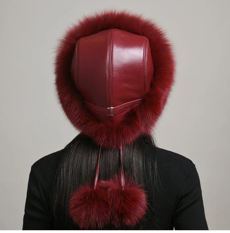 Side profile of a women's elegant fox fur hat, ideal for keeping warm in cold weather