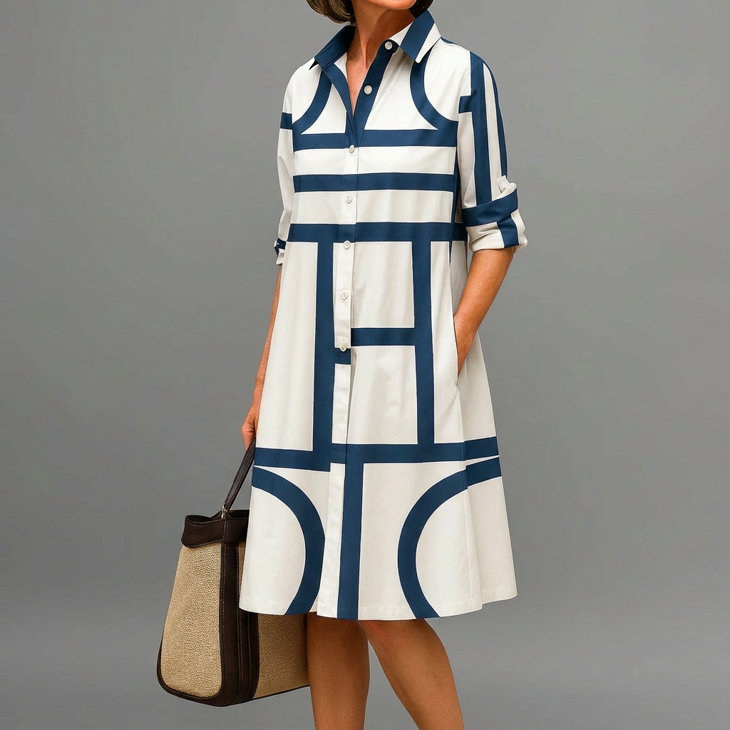 Elegant women's geometric print midi A-line dress with button-down shirt style for versatile everyday chic.