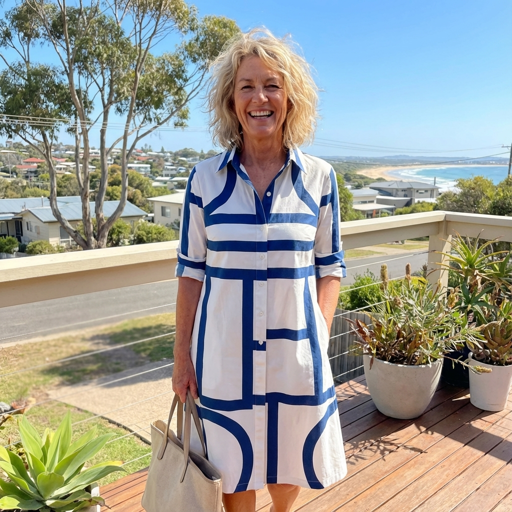 Sophisticated women's geometric print A-line midi dress, an elegant button-down design for effortless modern style.