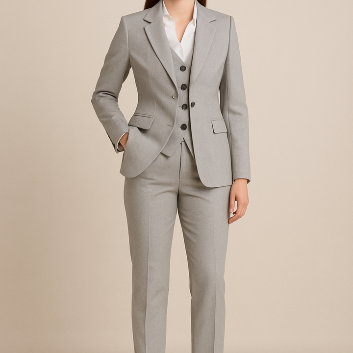 Chic women's 3-piece gray suit, a versatile tailored ensemble for business attire and sophisticated event outfits.