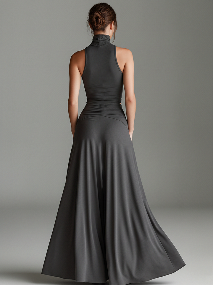 Graceful gray turtleneck halter cutout ruched maxi dress for women, an elegant choice for evening events.