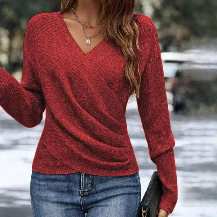 Stylish brown long sleeve V-neck wrap top, a perfect women's spring fashion essential