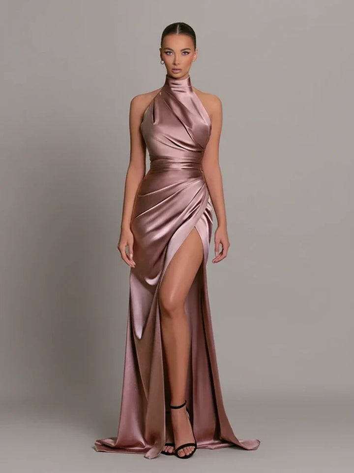 Elegant women's halter bodycon maxi dress with a flattering fit, perfect for evening events or parties.