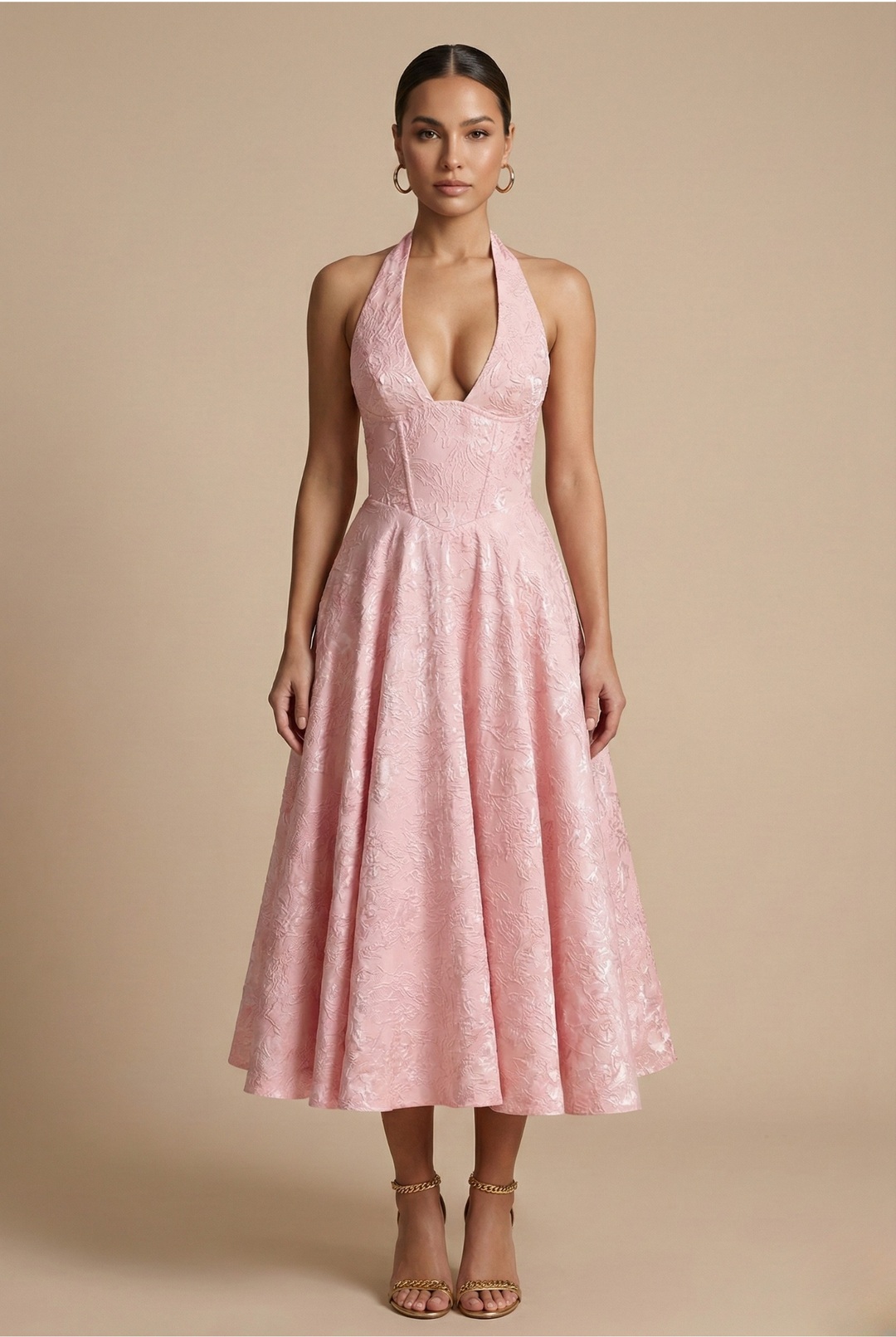 Elegant women's halter corset A-line midi dress, perfect for wedding guests & formal occasions.