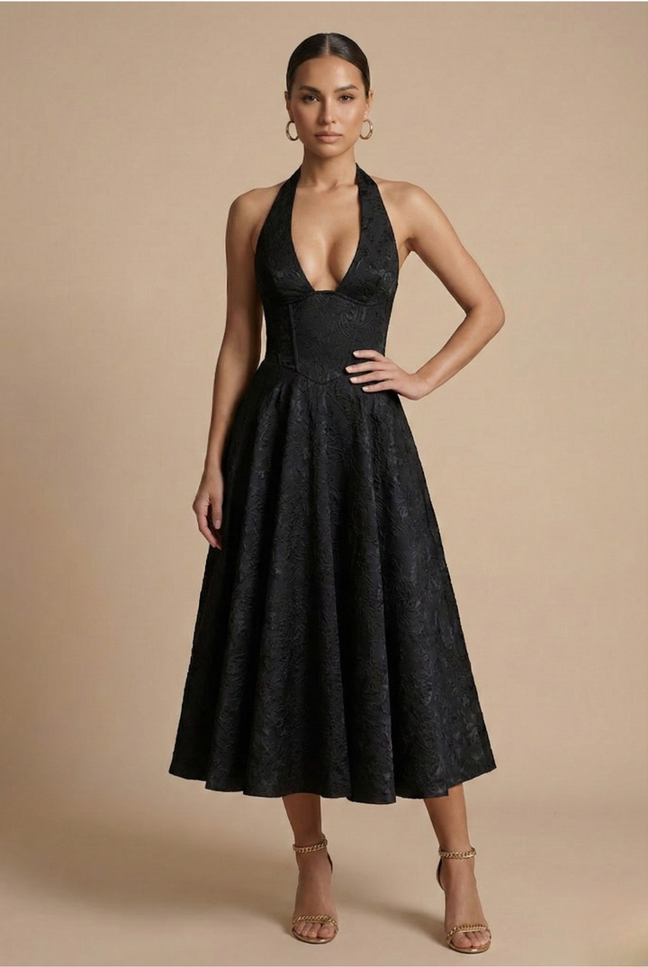 Stunning wedding guest or formal party dress: a women's halter corset A-line midi design.