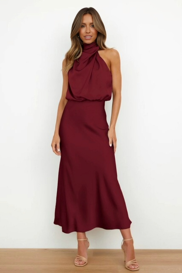 Sophisticated women's halter formal dress, floor-length, with an elegant open back for evening events.