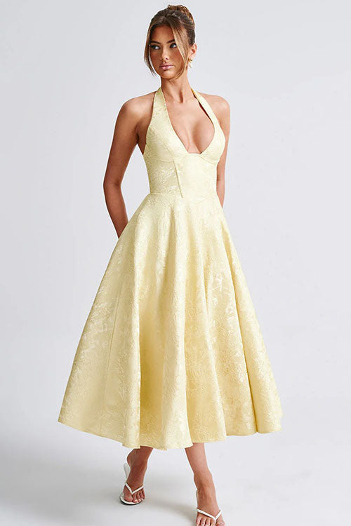 Pink Halterneck Maxi Dress, a beautiful formal gown for homecoming & special occasions.
