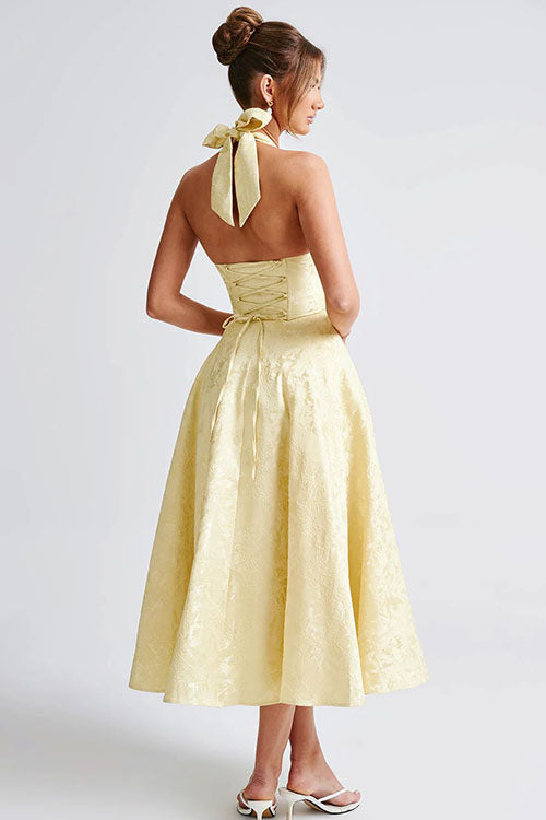 White Halterneck Maxi Dress, sophisticated A-line evening wear for women's events.