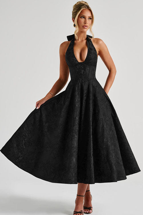 Black Women's Halterneck Maxi Dress, chic formal wear for any special occasion.