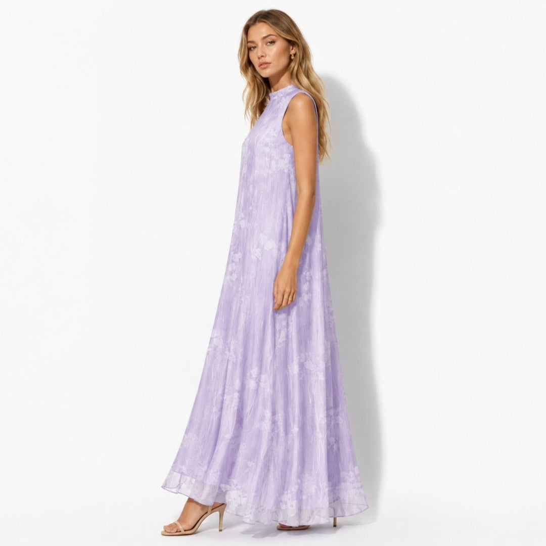 Sophisticated women's high-neck floral maxi dress with flowing silhouette for special occasions.