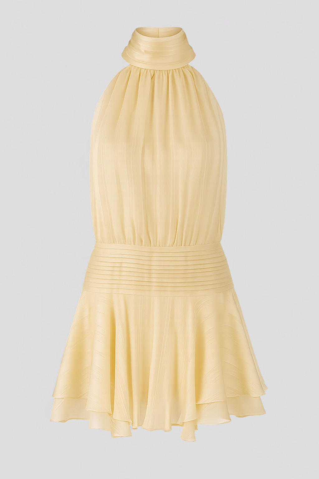 Vibrant yellow high-neck halter mini dress, a stylish party dress or cocktail dress for women.