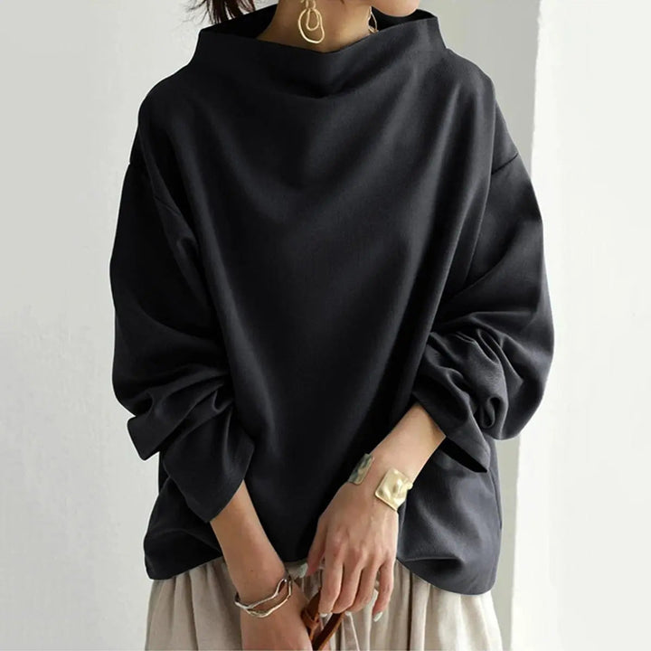 Black elegant high-neck long-sleeve women's top for sophisticated versatile styling.