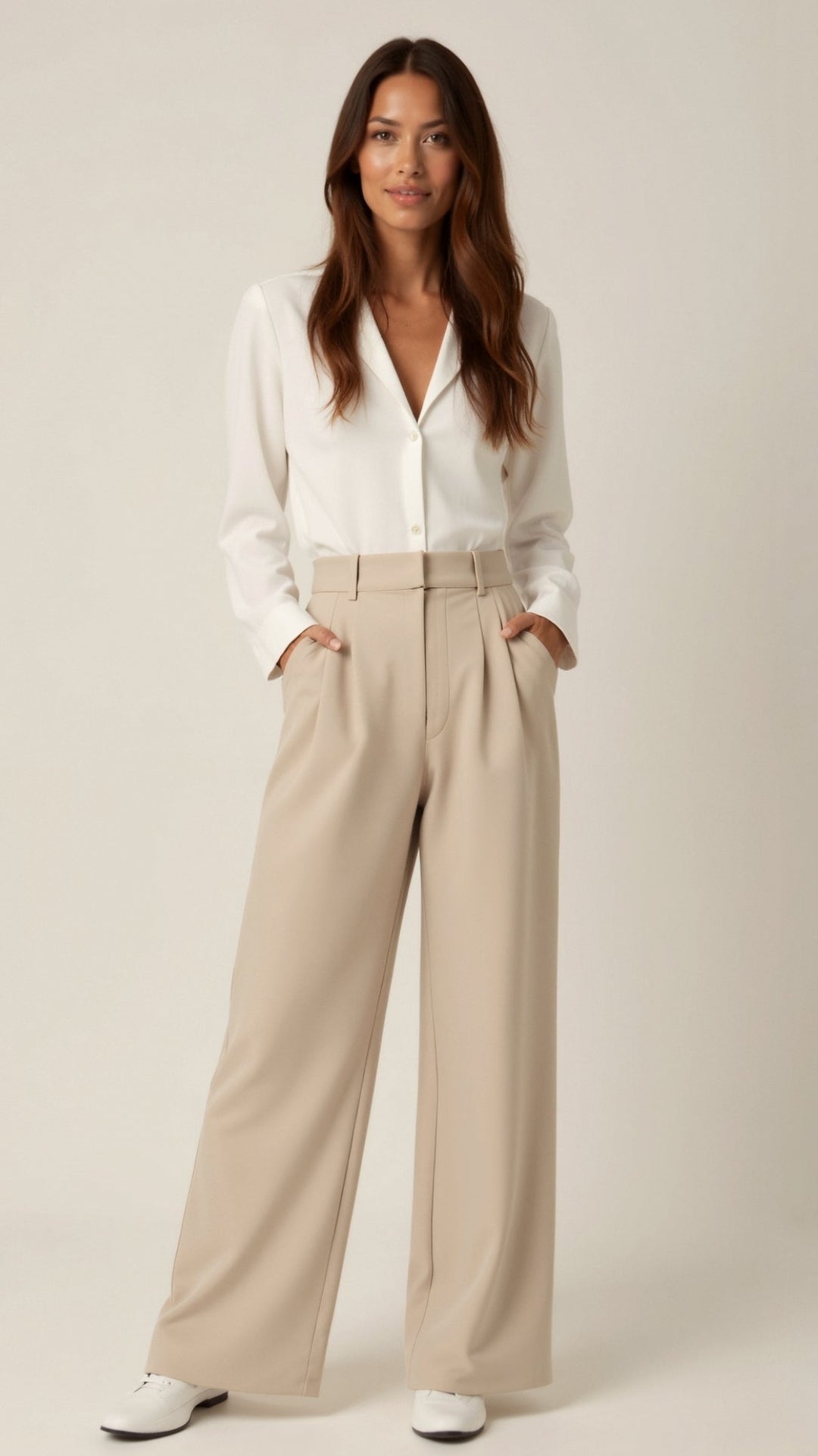 Elegant women's high-waist wide-leg spring pants in a flowing, comfortable fabric for office wear.