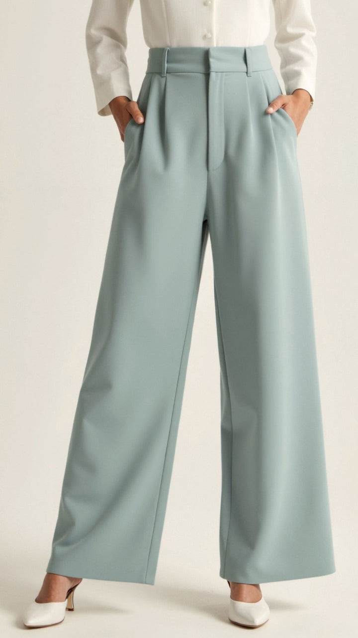 Close-up of the hem of women's wide-leg spring pants, illustrating the wide-leg cut and quality stitching.