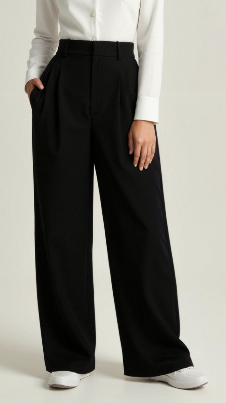 Side profile of women's wide-leg spring pants, emphasizing the comfortable and breathable fit.