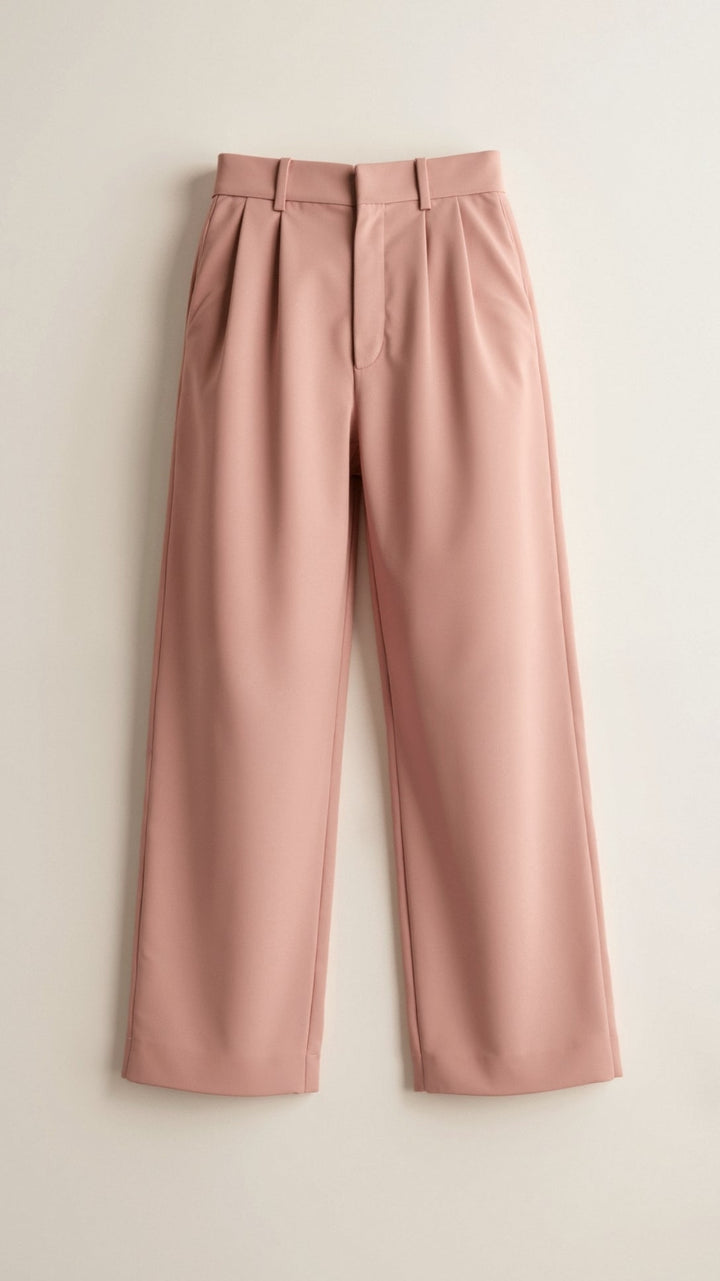 Pair of women's high-waist wide-leg pants draped on a hanger, showcasing their flowing design.