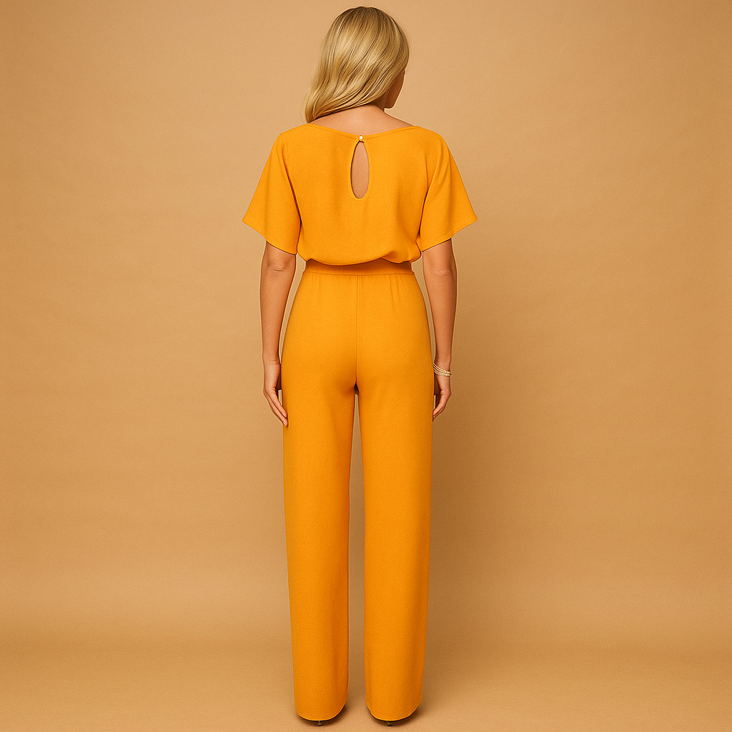 Chic yellow women's high-waisted jumpsuit with unique front lace-up design, ideal for versatile elegant styling.