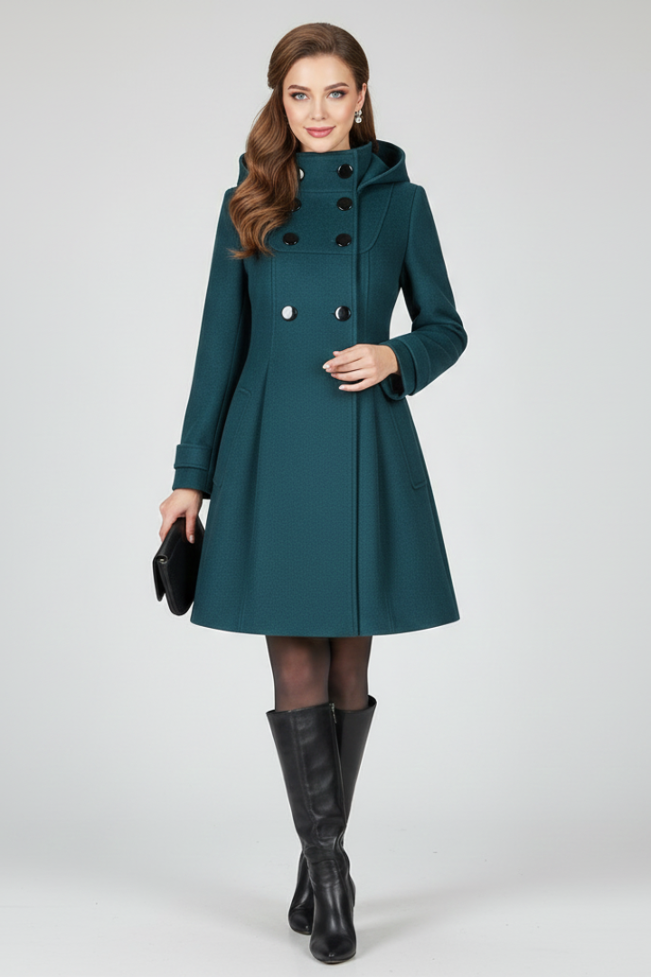 Structured A-line hooded coat for women, featuring a double button closure. Ideal elegant and casual fall outerwear.