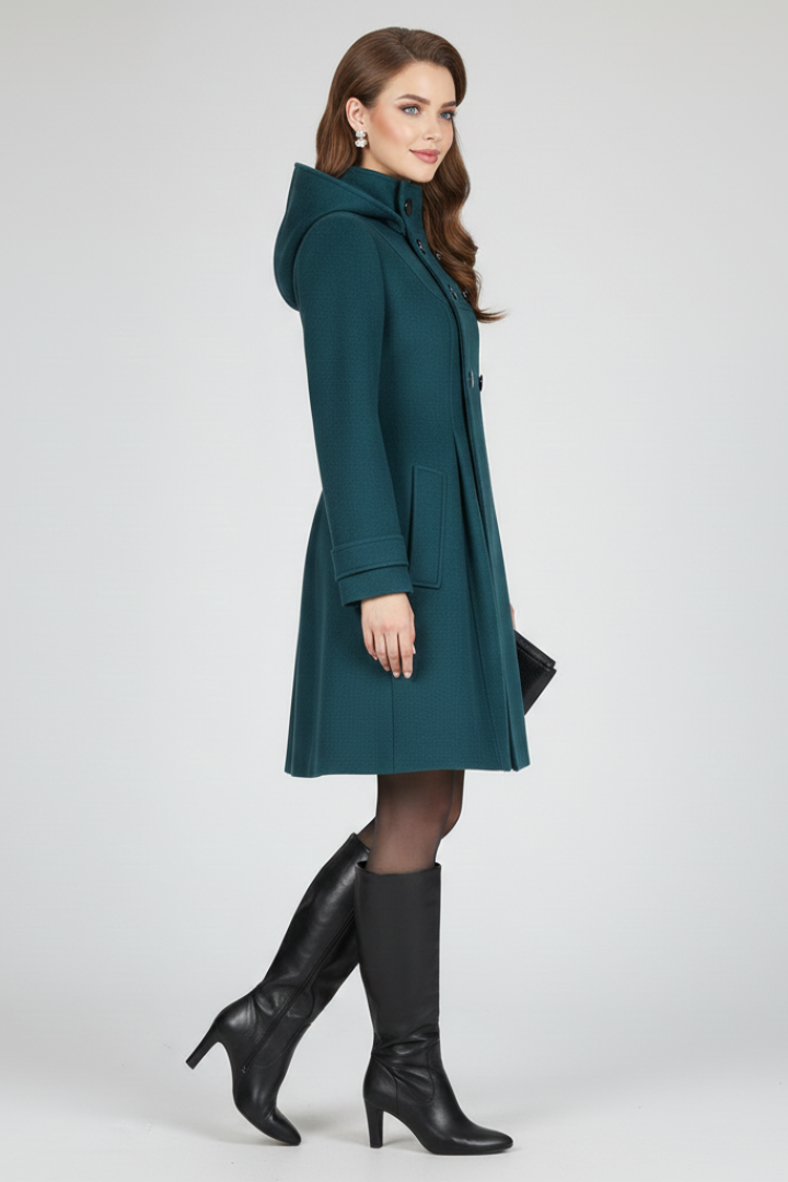 Women's knee-length hooded A-line coat with stylish double button front. A chic and warm winter outerwear option.