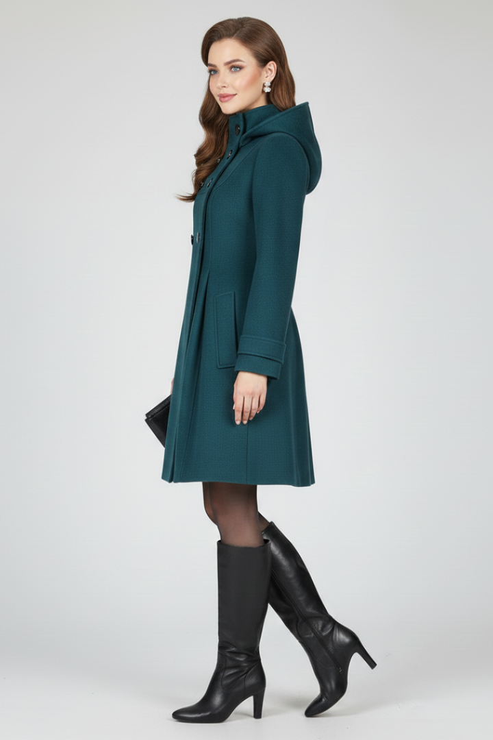 Warm women's hooded A-line winter coat. Double button front adds elegance to this essential fall outerwear piece.