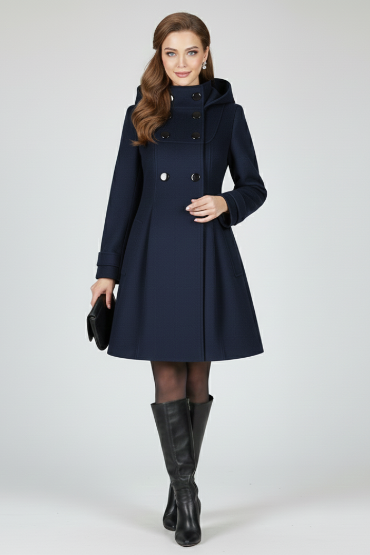Versatile women's hooded A-line coat with double buttons. Perfect elegant or casual knee-length fall and winter outerwear.
