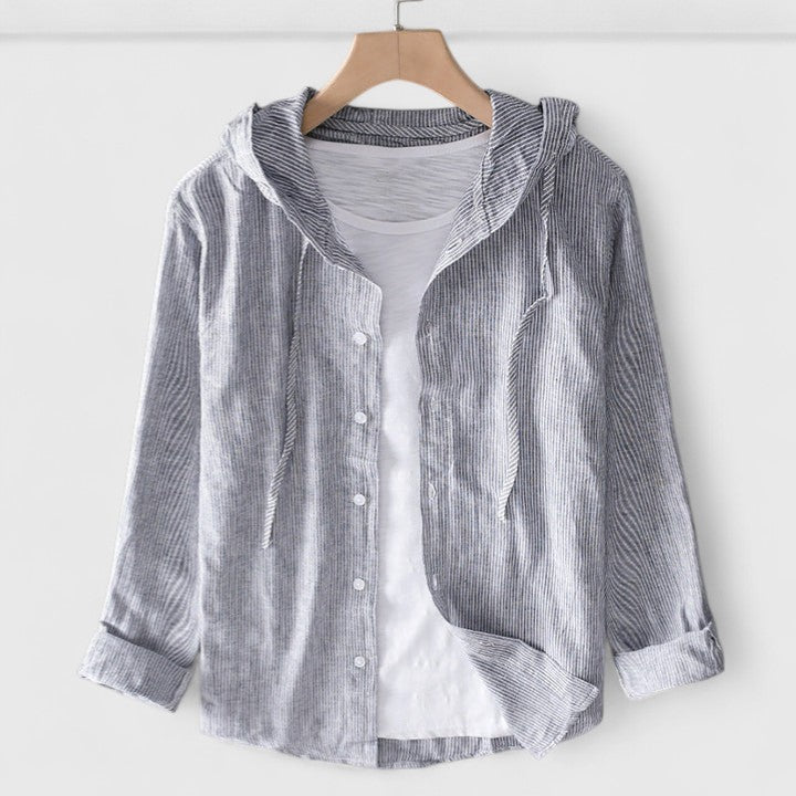 Modern women's hooded blouse, sophisticated and stylish. Effortless casual chic top for everyday wear.