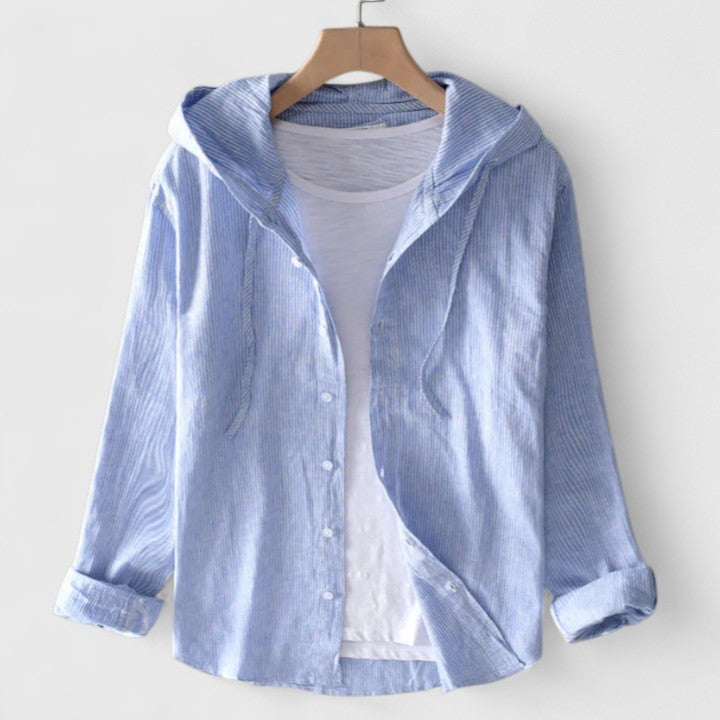 Stylish women's elegant hooded blouse. A comfortable, versatile long sleeve top, perfect for modern casual chic.