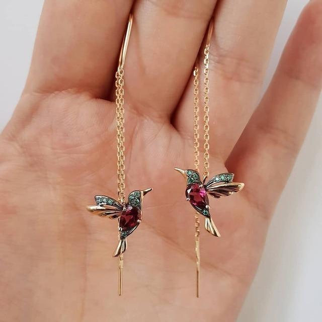 Elegant women's hummingbird earrings with red enamel & sparkling zirconia. Fashion statement jewelry, perfect gift.