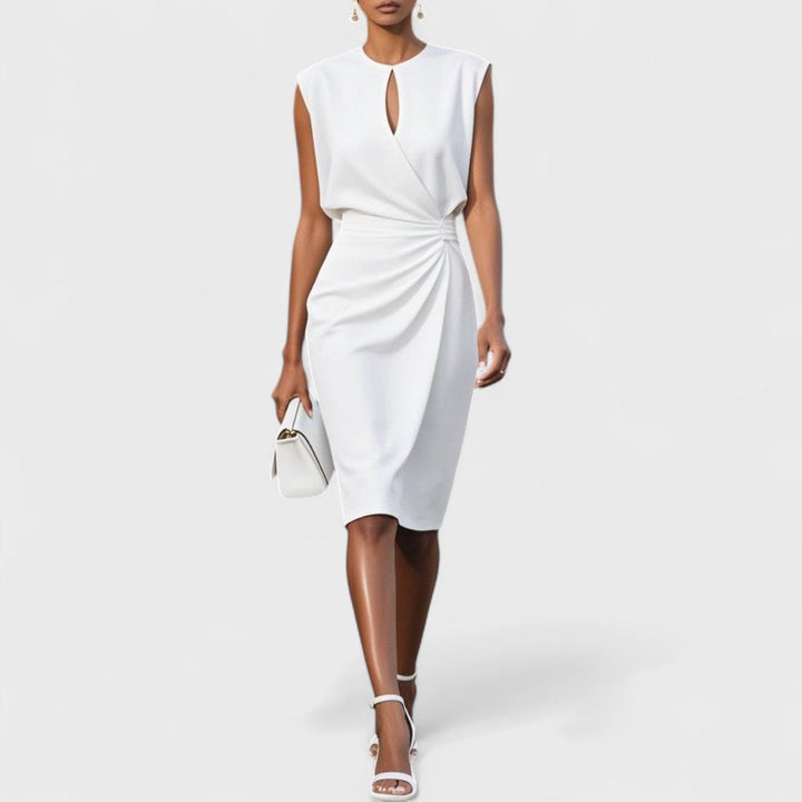 Stylish women's midi dress with keyhole neckline, ideal for wedding guests, cocktails & special occasions.