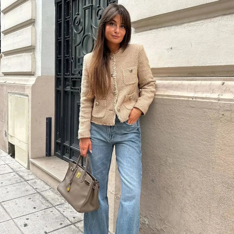 Elegant women's khaki tweed button-down jacket, classic versatile outerwear fashion.