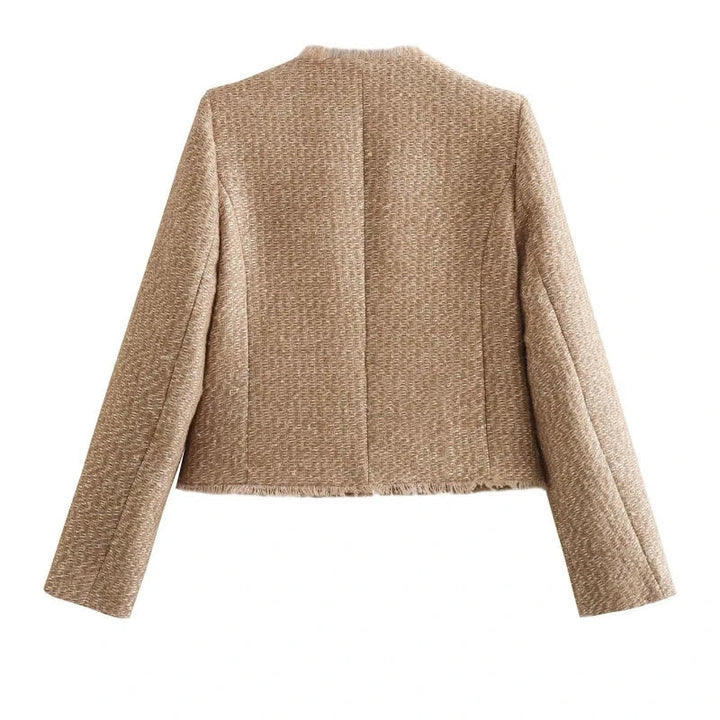 Versatile khaki tweed jacket for women, featuring a button-down design and elegant finish.