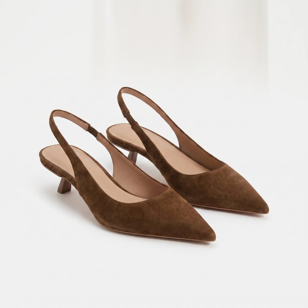 Women's formal pointed-toe kitten heel slingback shoes, sophisticated footwear for events.