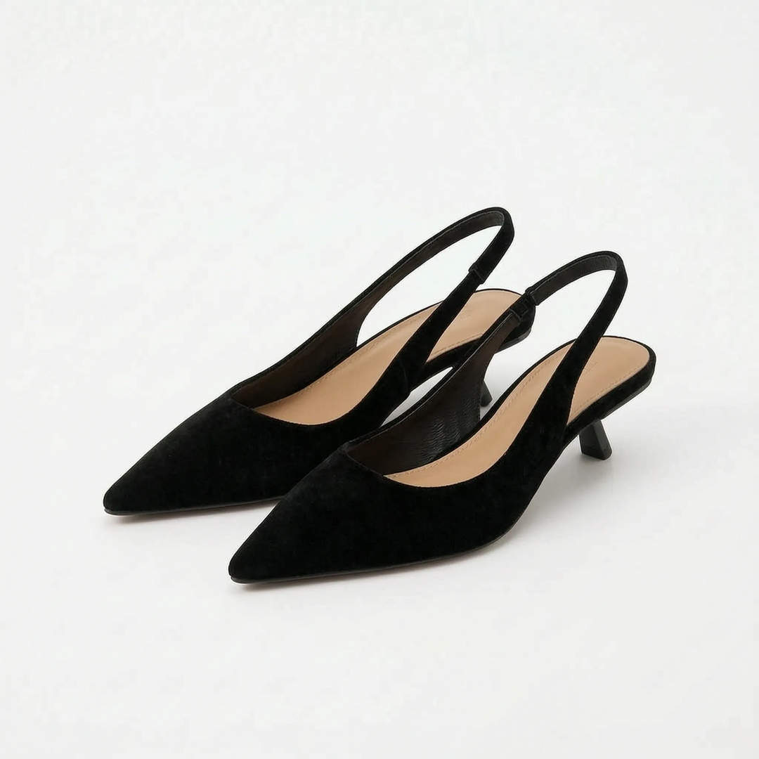 Sophisticated women's kitten heel slingback sandals with a pointed toe for a refined look.