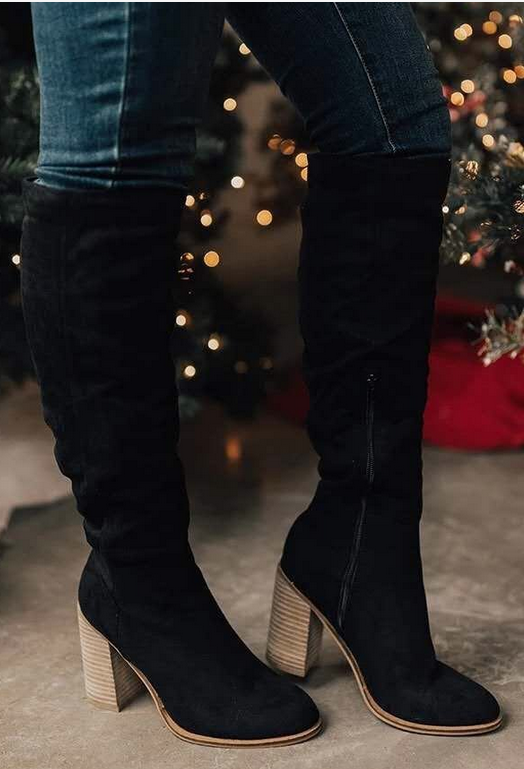Women's chic knee-high boots with side zipper, elegant tall boots for fall fashion. Features comfortable block heel.