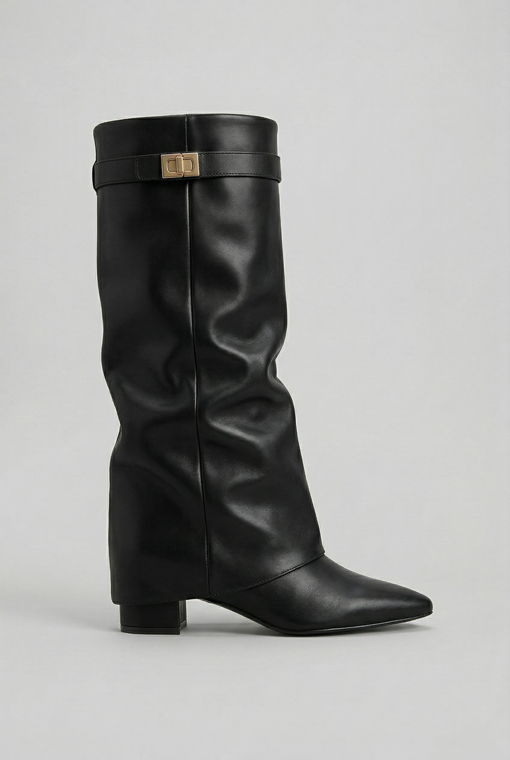 Stylish women's knee-high block heel boots with side zip, adding elegance to your fall and winter outfits.
