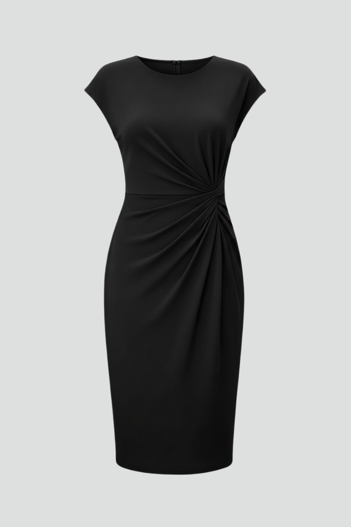 Elegant women's knee-length dress with ruched waist and round neck. Sophisticated versatile style for parties.