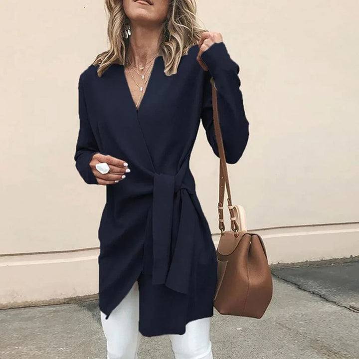 Elegant women's knit cardigan with bow belt, perfect for autumn & winter layering.