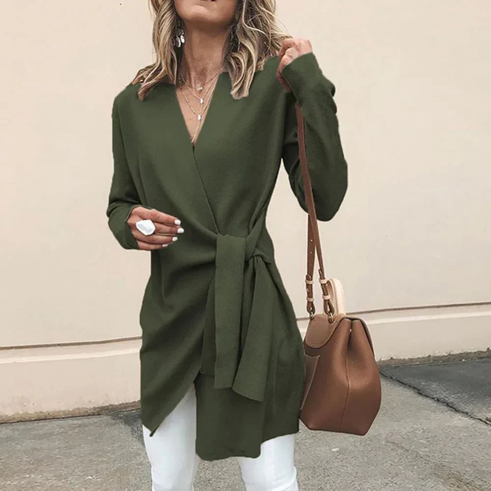 Versatile women's autumn cardigan featuring a chic bow belt, ideal for everyday elegant styling.