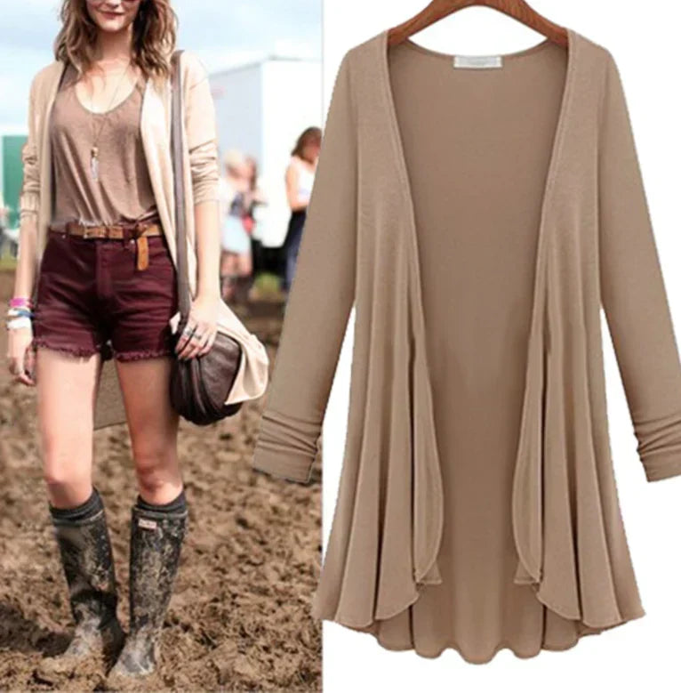 Elegant women's knit cardigan with delicate ruffles, long sleeves, and open front, perfect for versatile layering.