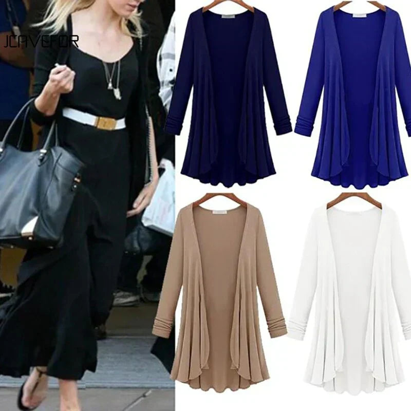 Cozy women's ruffle knit cardigan, ideal for fall/spring layering. Elegant open front design & long sleeves.